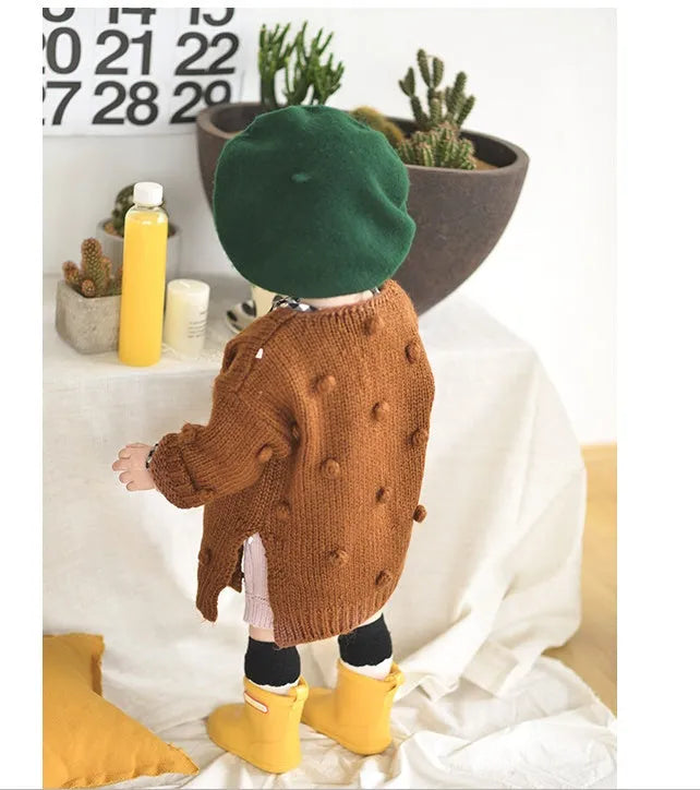Baby girl soft knit pullover sweater in brown pink and yellow colours for toddlers sized 73cm to 100cm
