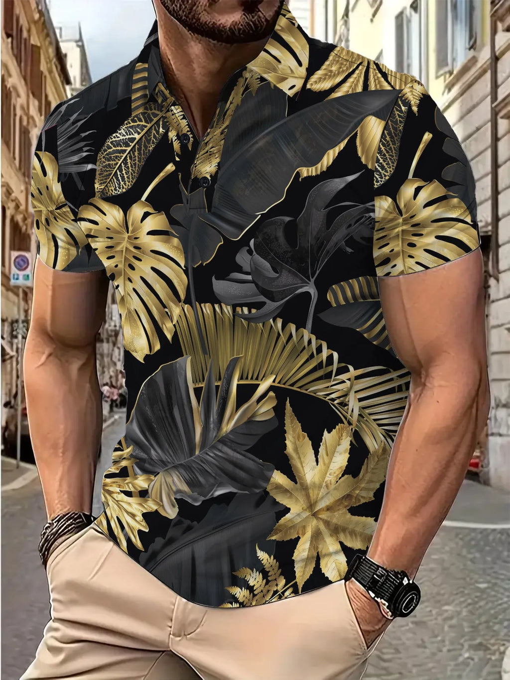 Men's gold tropical plant pattern printed short sleeve shirt on hanger