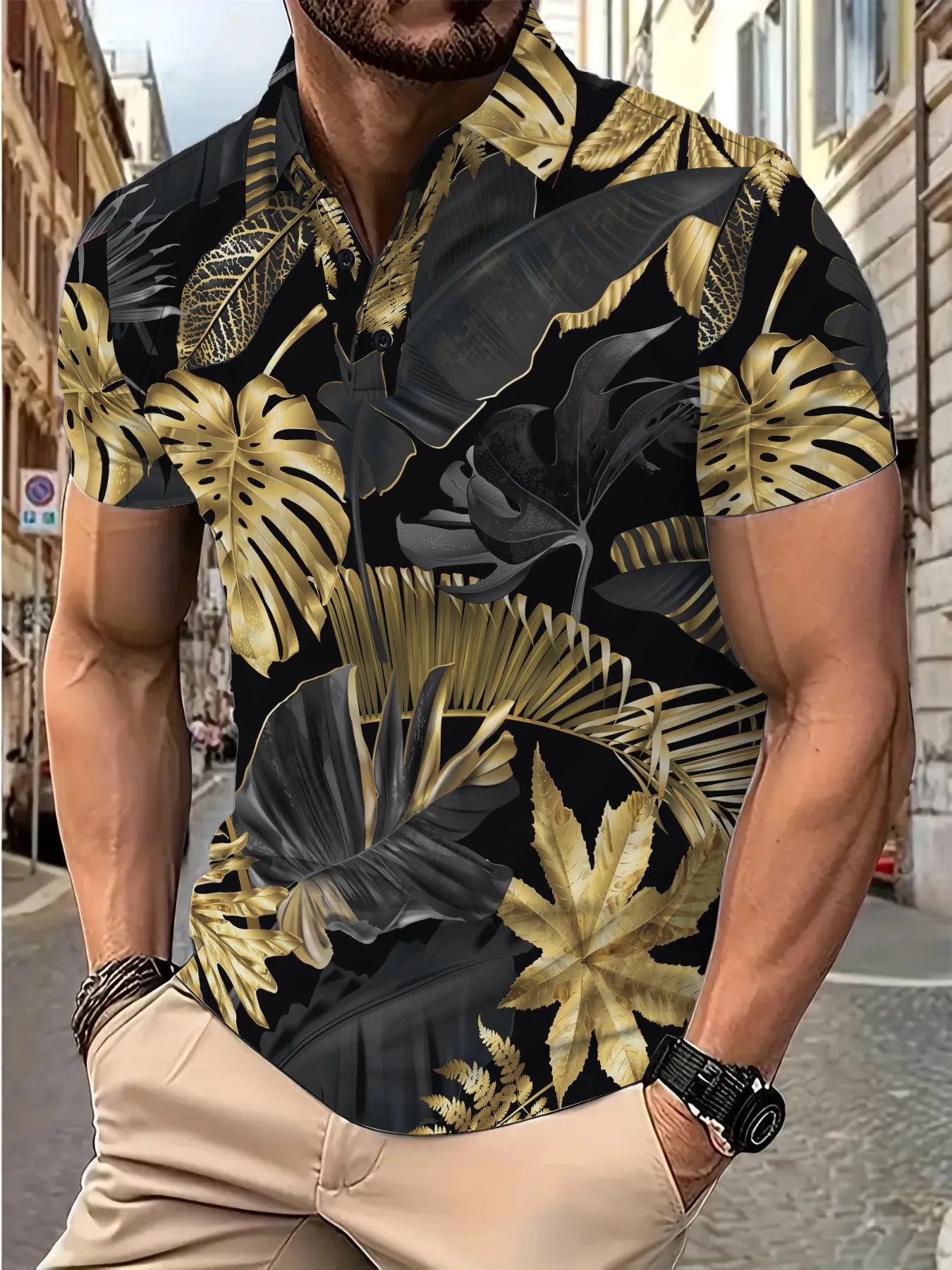 Men's gold tropical plant pattern printed short sleeve shirt on hanger