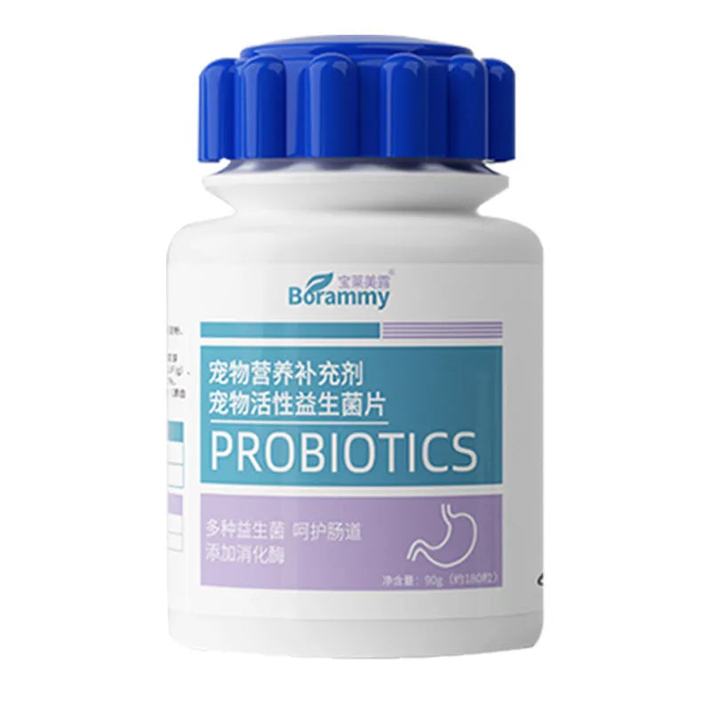 Bottle of 180 pet probiotic tablets for dog and cat digestive health
