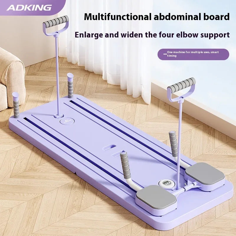 Standard purple household fitness board with automatic rebound abdominal wheel on a stable PP plastic base.