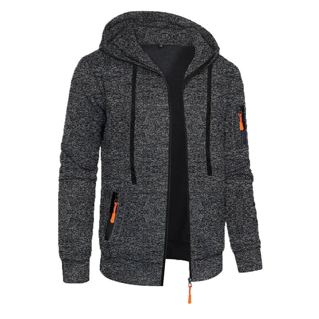 Men's hooded cardigan sweater in solid colour polyester jacquard knit, loose fit, long sleeve, sizes S to 3XL, five colours.