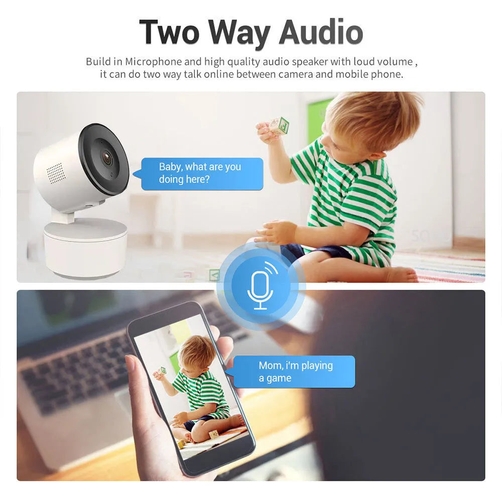 Smart WiFi indoor security camera with 1080P HD video and 355-degree rotation for home monitoring