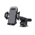 Black universal car phone holder dashboard mount with flexible bendable arm on a car dashboard