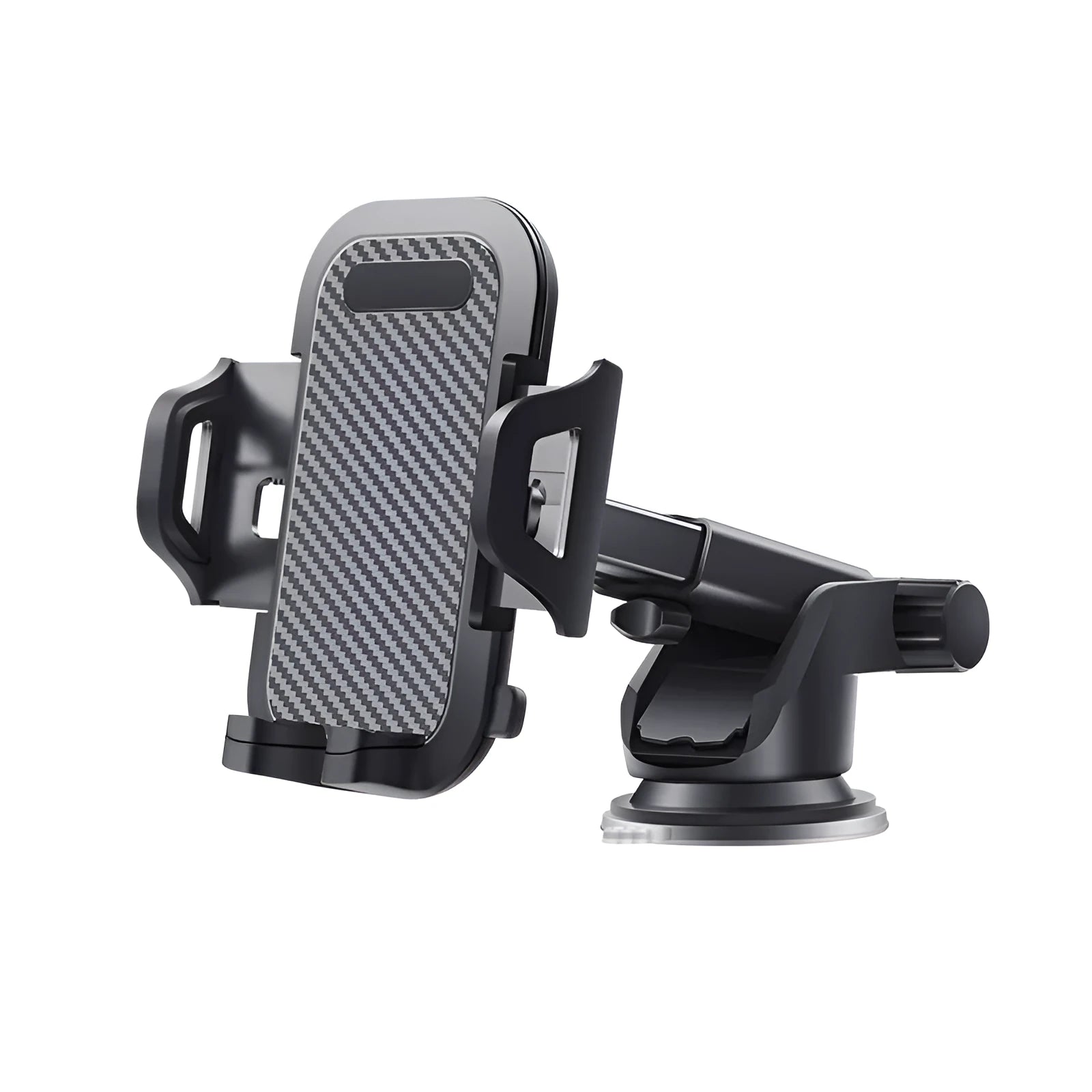 Black universal car phone holder dashboard mount with flexible bendable arm on a car dashboard