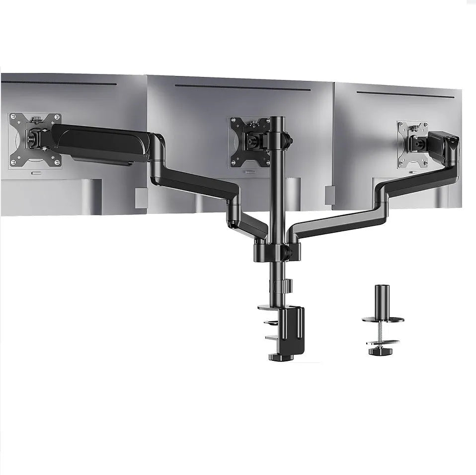 Black three-arm gas spring monitor mounting arm for 13-27 inch screens with aluminium alloy construction