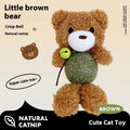Brown bear plush catnip toy with mint ball centre and bell for feline dental care and play