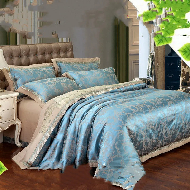Cotton satin jacquard bedding set with European plant flower pattern, quilt cover, sheet, and pillowcase