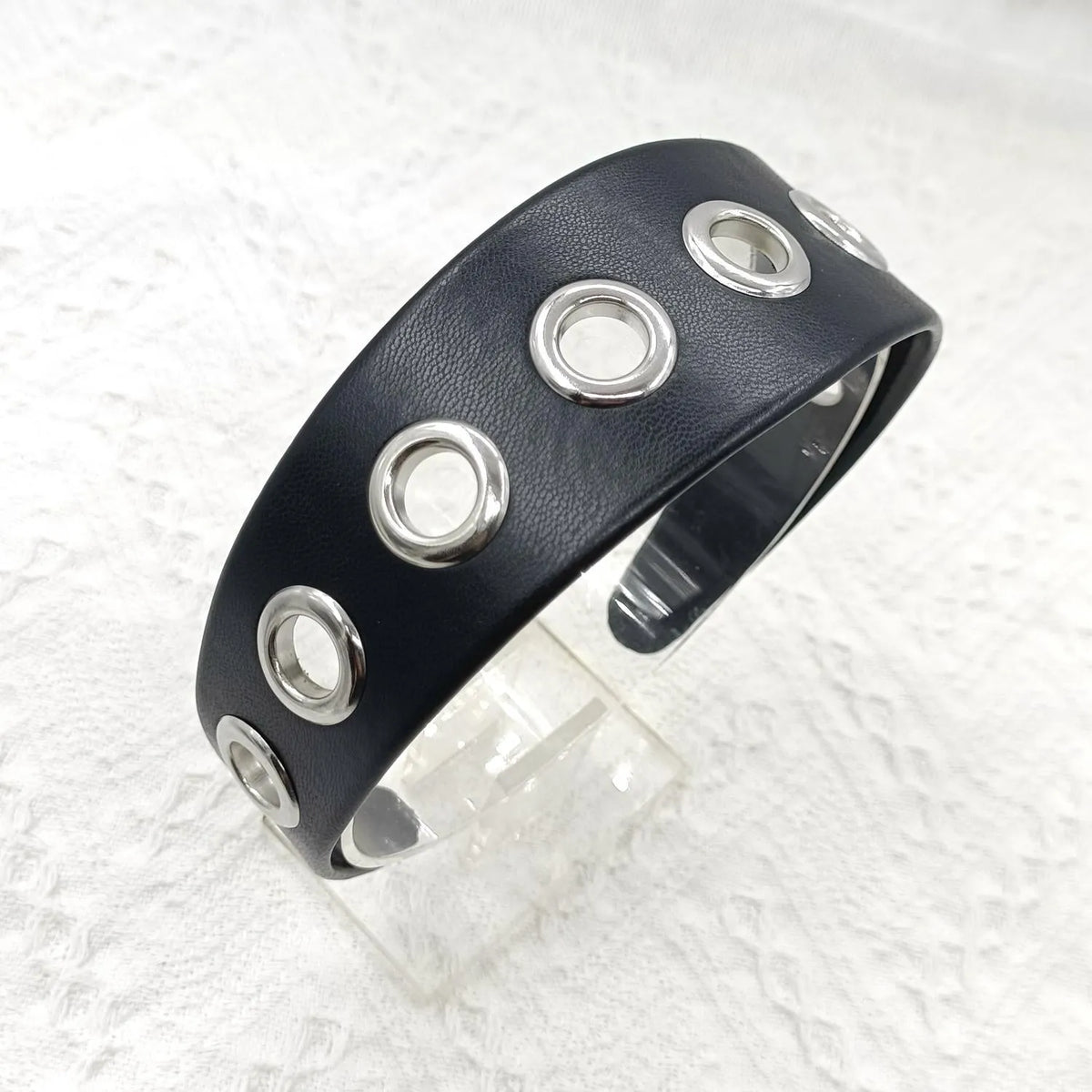Black wide rivet headband for women, handmade artificial leather punk hair accessory with round square and dotted rivets