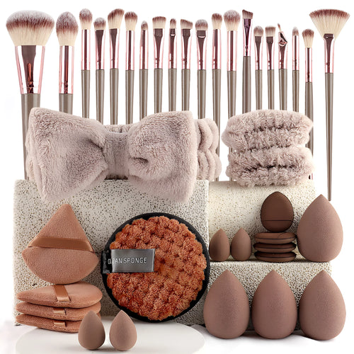 Hydrophilic non-latex beauty tool set in brown, pink and purple colours for facial cleansing and makeup application