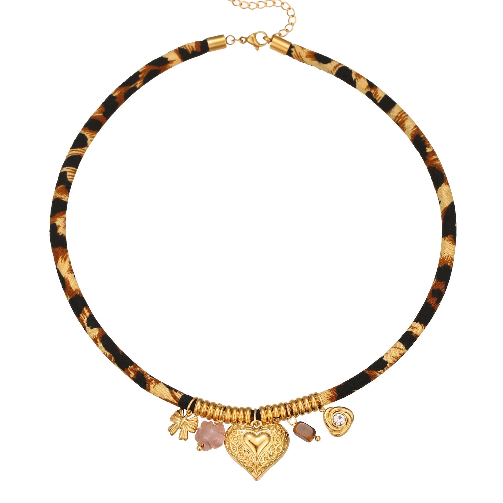 Geometric leopard pendant necklace with electroplated 18K gold finish on stainless steel chain