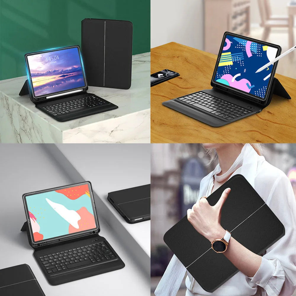 Ultra-thin wireless Bluetooth keyboard leather case for iPad Air and Pro models in black flip style