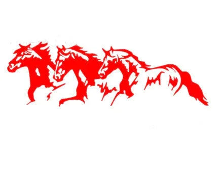 Three Horses design car decal sticker in black, white, red, and blue colour options, measuring 25 by 8 centimetres.
