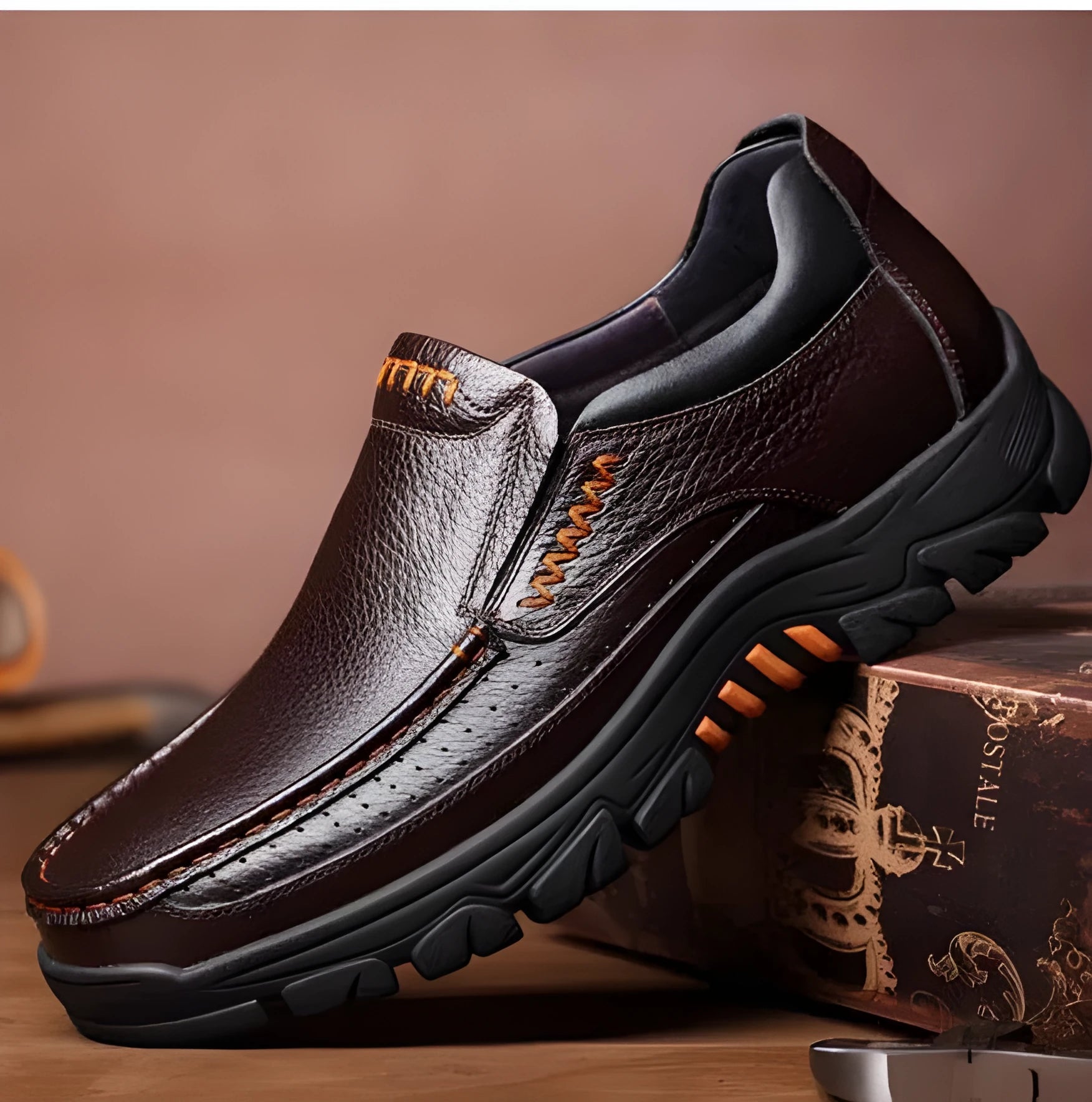 Men's black and brown business casual slip-on shoes with cowhide leather upper and rubber sole
