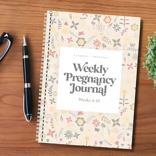 A5 Pregnancy Weekly Diary Notebook open showing weekly layout pages