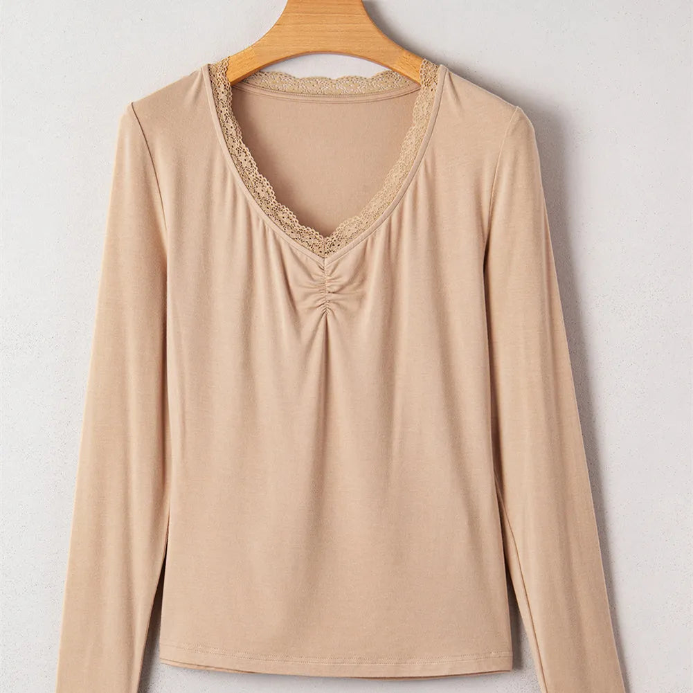 Women's solid colour casual top with lace trim on long sleeves in slim fit