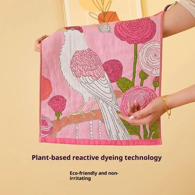Class A pure cotton gauze square towel 40x34cm in printed Pink Phoenix, Peony, Smoke Bird, and White Pigeon designs