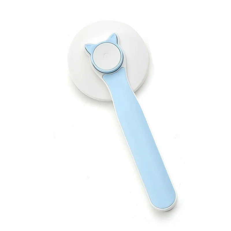 Blue self-cleaning slicker brush for dogs and cats with ergonomic rubber handle.