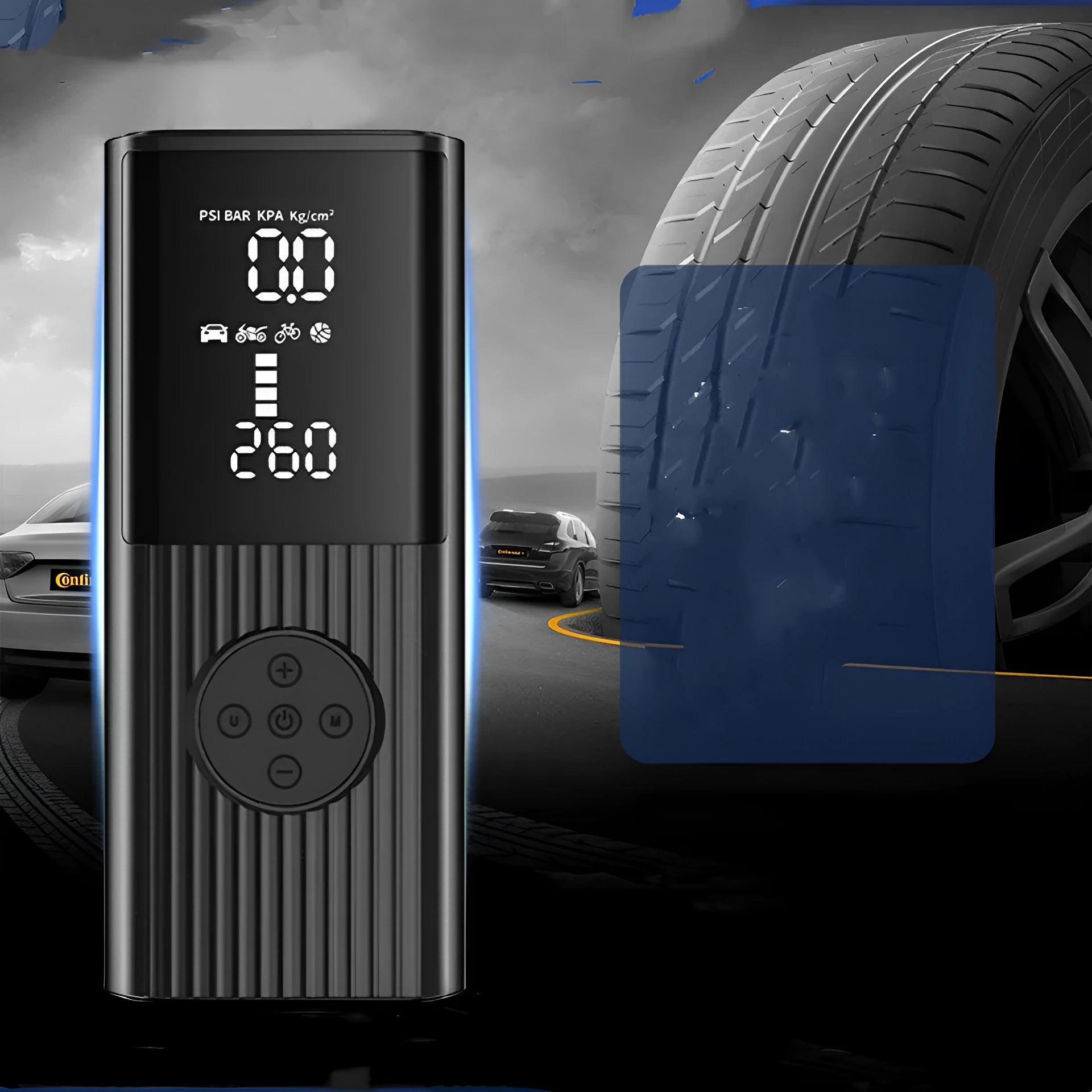 Wireless portable car tyre air compressor with digital display, LED light, and USB port on black ABS housing.