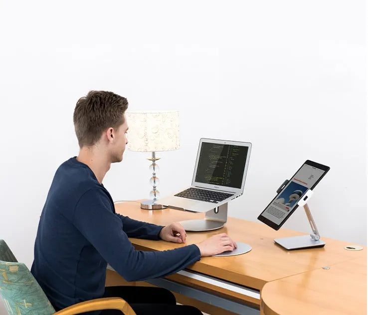 Foldable aluminium phone and tablet holder with 360° rotation in black colour