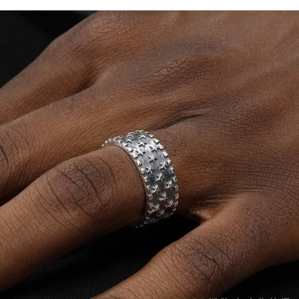925 silver geometric star pattern adjustable opening ring