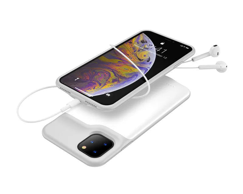 Black silicone iPhone battery charger case showing front and back, compatible with multiple iPhone models.