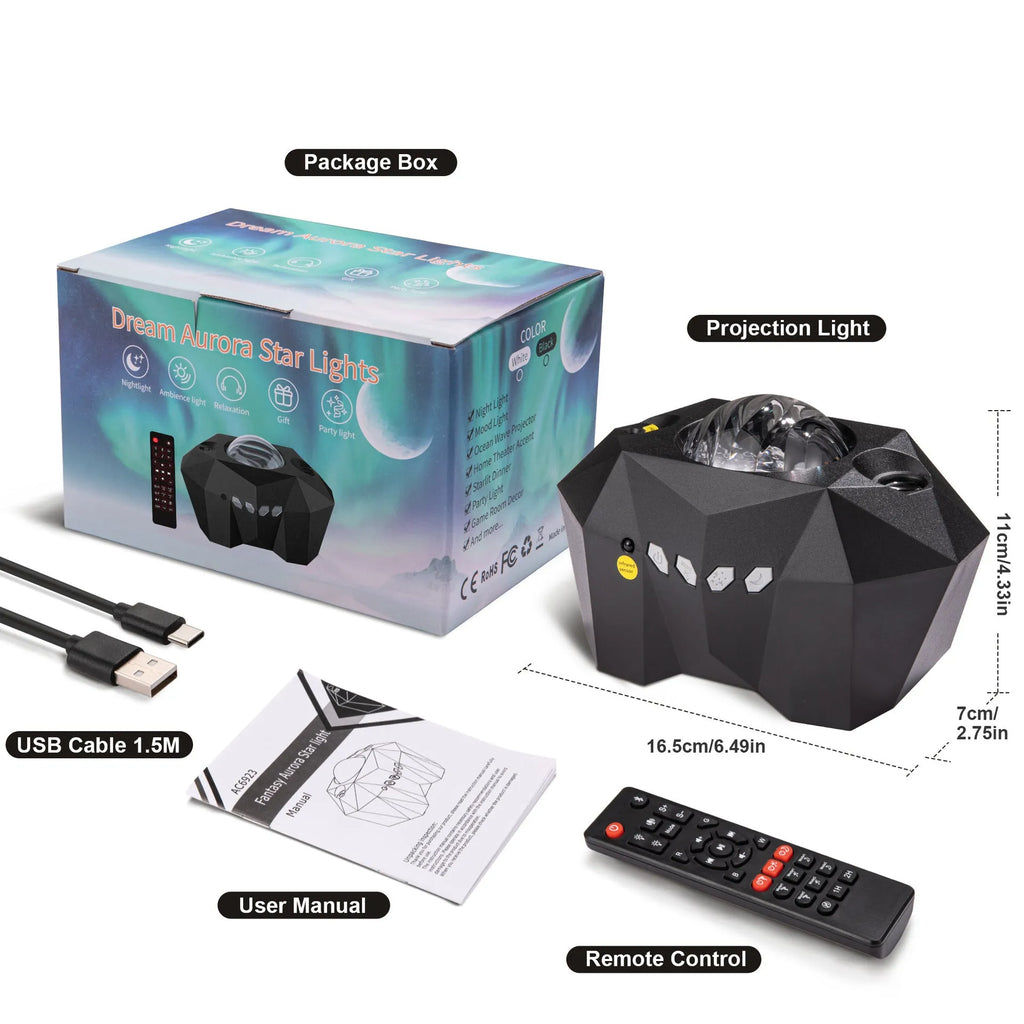 LED Dream Aurora Borealis Ocean Star Light Projector with remote control, black housing, showing green laser and multicolour water mark effects