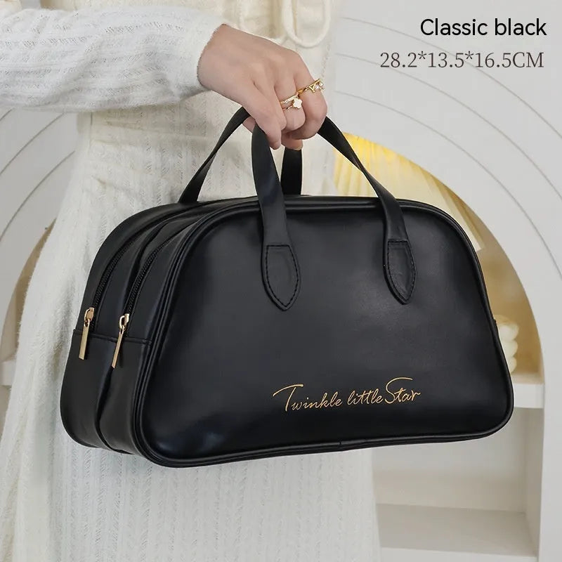 Leather travel toiletry bag in caramel mocha colour with dry wet separation compartments