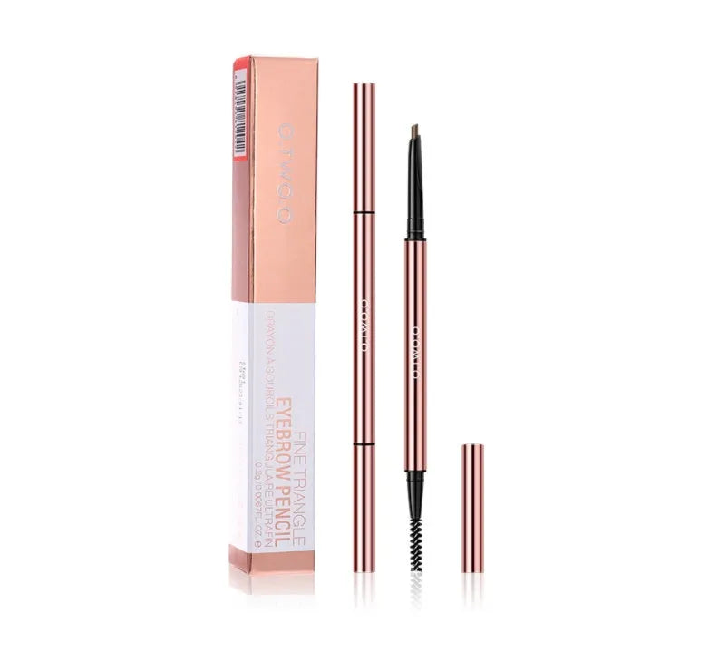 Triangular eyebrow makeup pencil in a colour box with six shade options including Auburn and Blonde.