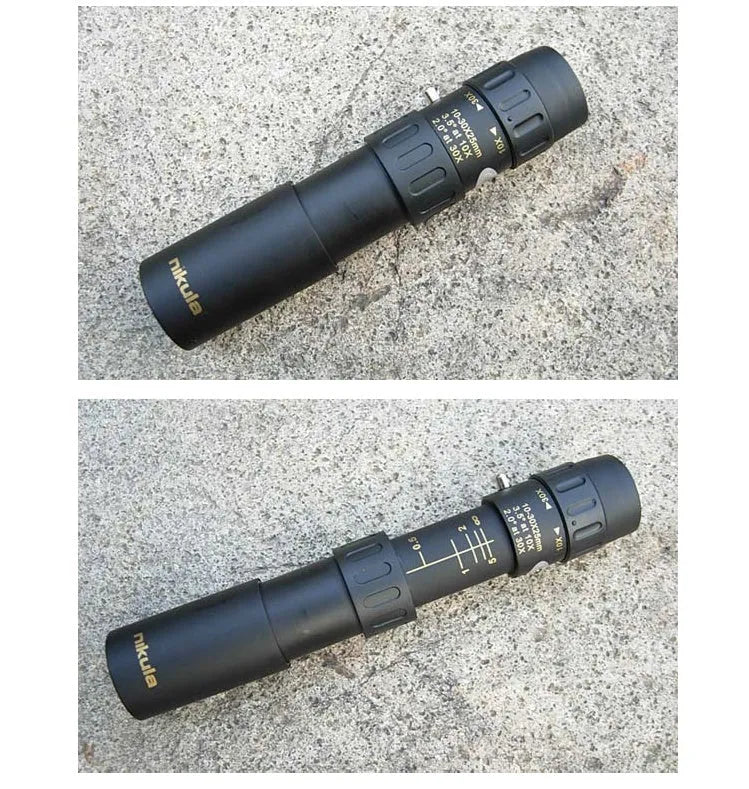 Nicholas 10-30x25 black monocular telescope with metal body and rubber parts, collapsed size 127mm