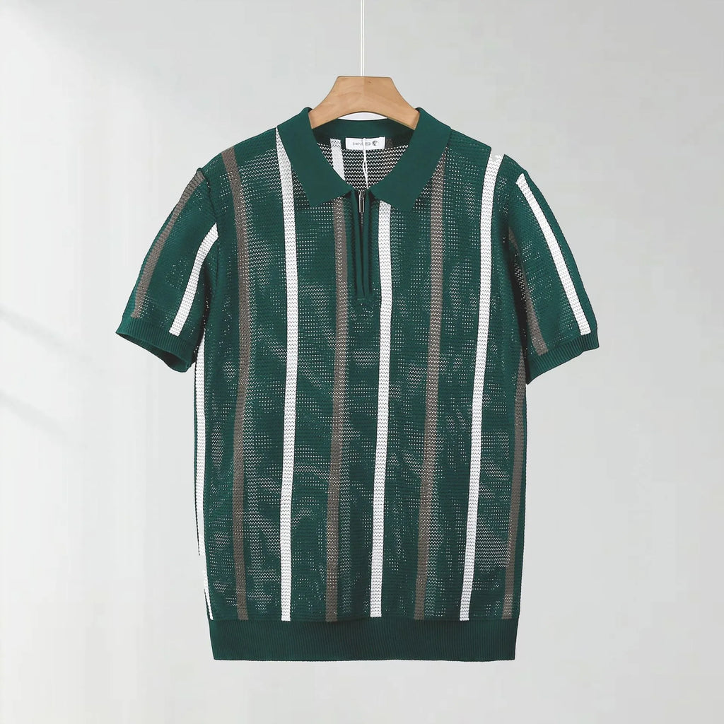 Men's short-sleeved polo shirt in hollow mesh knit with decorative zip details and loose fit for summer