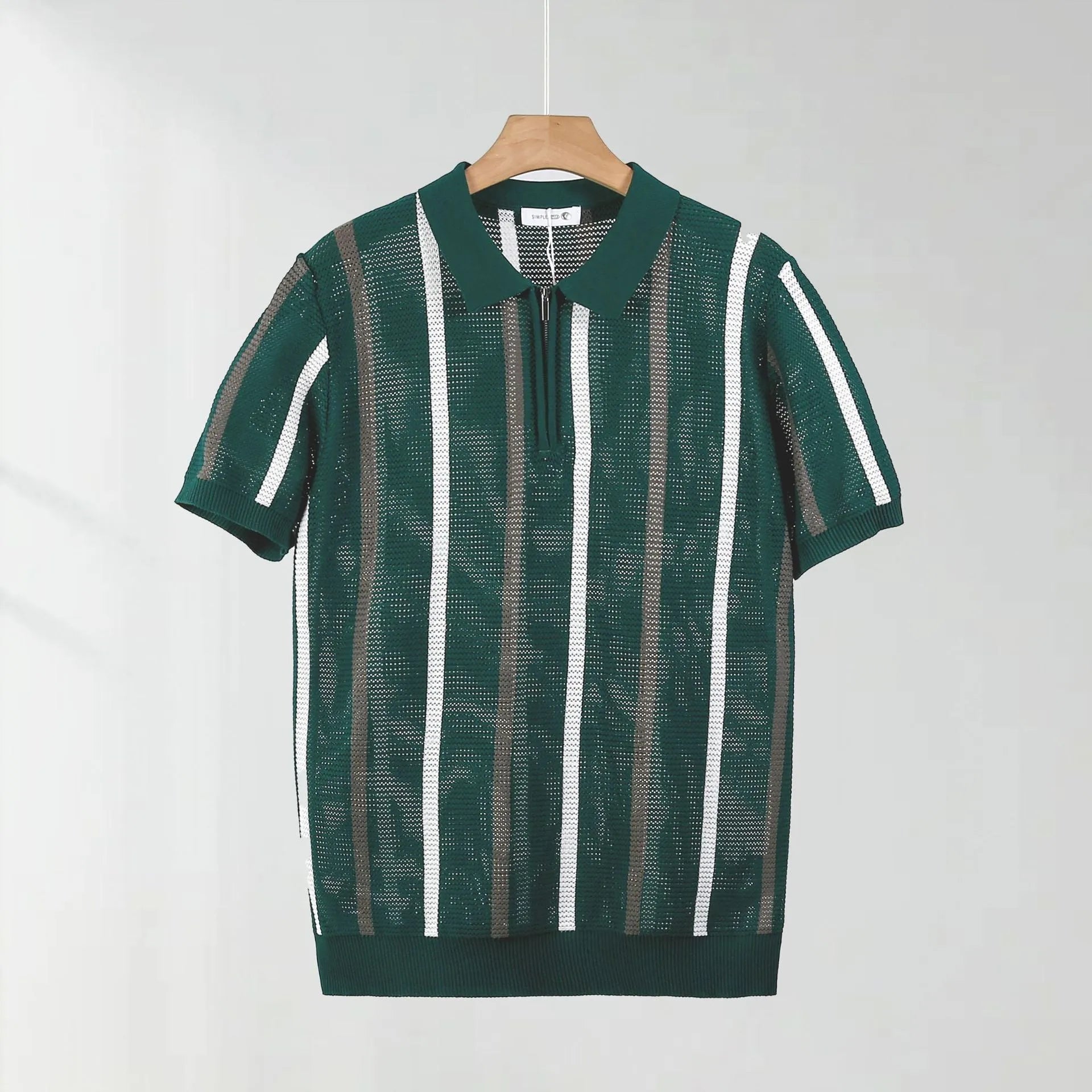 Men's short-sleeved polo shirt in hollow mesh knit with decorative zip details and loose fit for summer