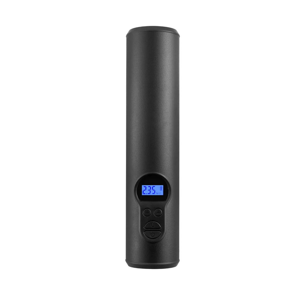 Wireless portable car tyre air compressor with digital display, LED light, and USB port on black ABS housing.