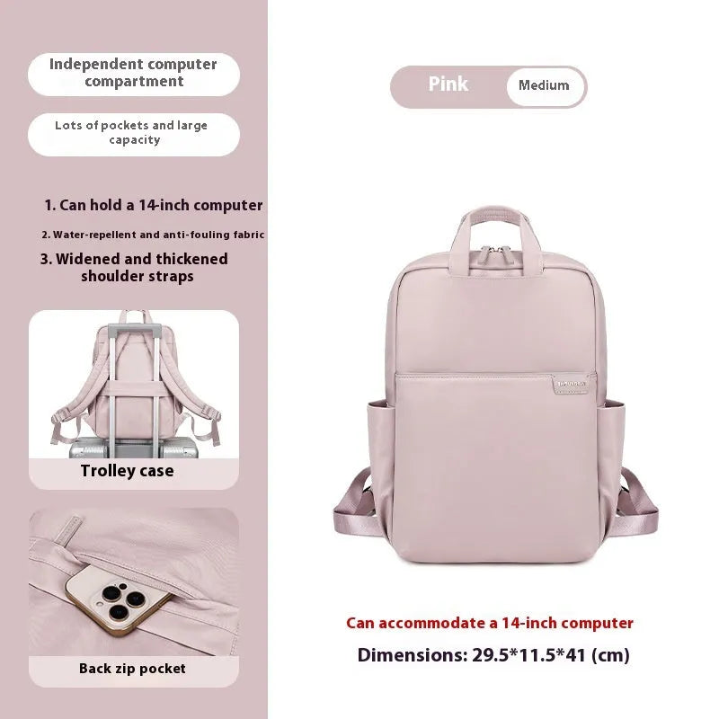 Large nylon women's travel backpack in apricot colour showing internal laptop compartment and multiple pockets.