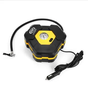 Portable car auto electric air compressor tire inflator with compact 22 cm x 19.5 cm x 8.5 cm body on white background