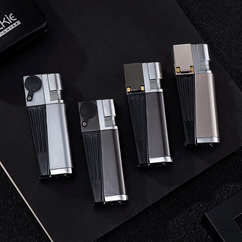 Refillable metal pipe lighter with foldable design showing silver square cover and compact 9.2cm size