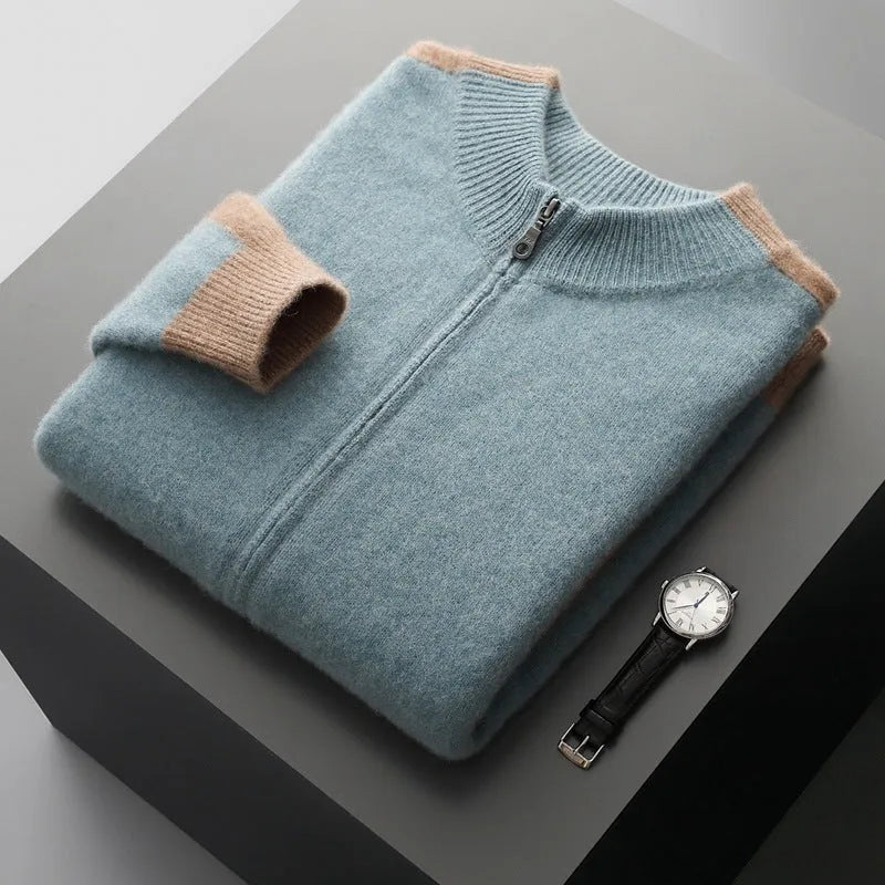 Man wearing dark blue half turtleneck zipper cardigan sweater with loose fit design