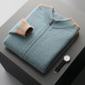 Man wearing dark blue half turtleneck zipper cardigan sweater with loose fit design