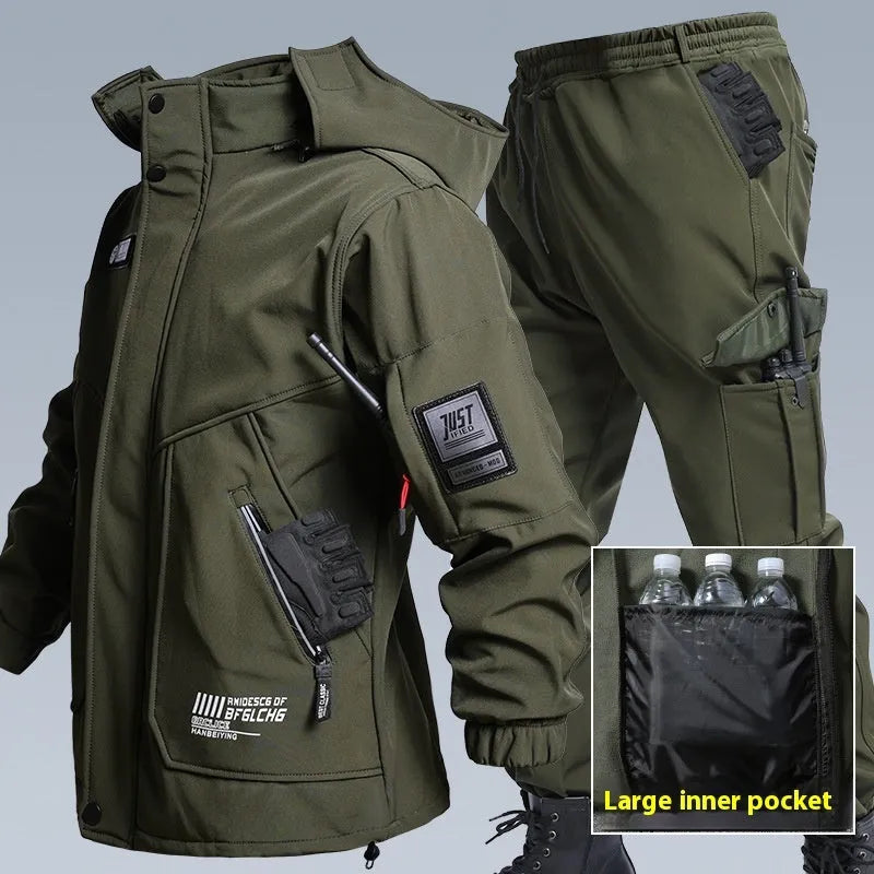 Fleece-lined waterproof jacket suit two-piece set in Black, Army Green, and Gray, sizes 165-190, for men and women