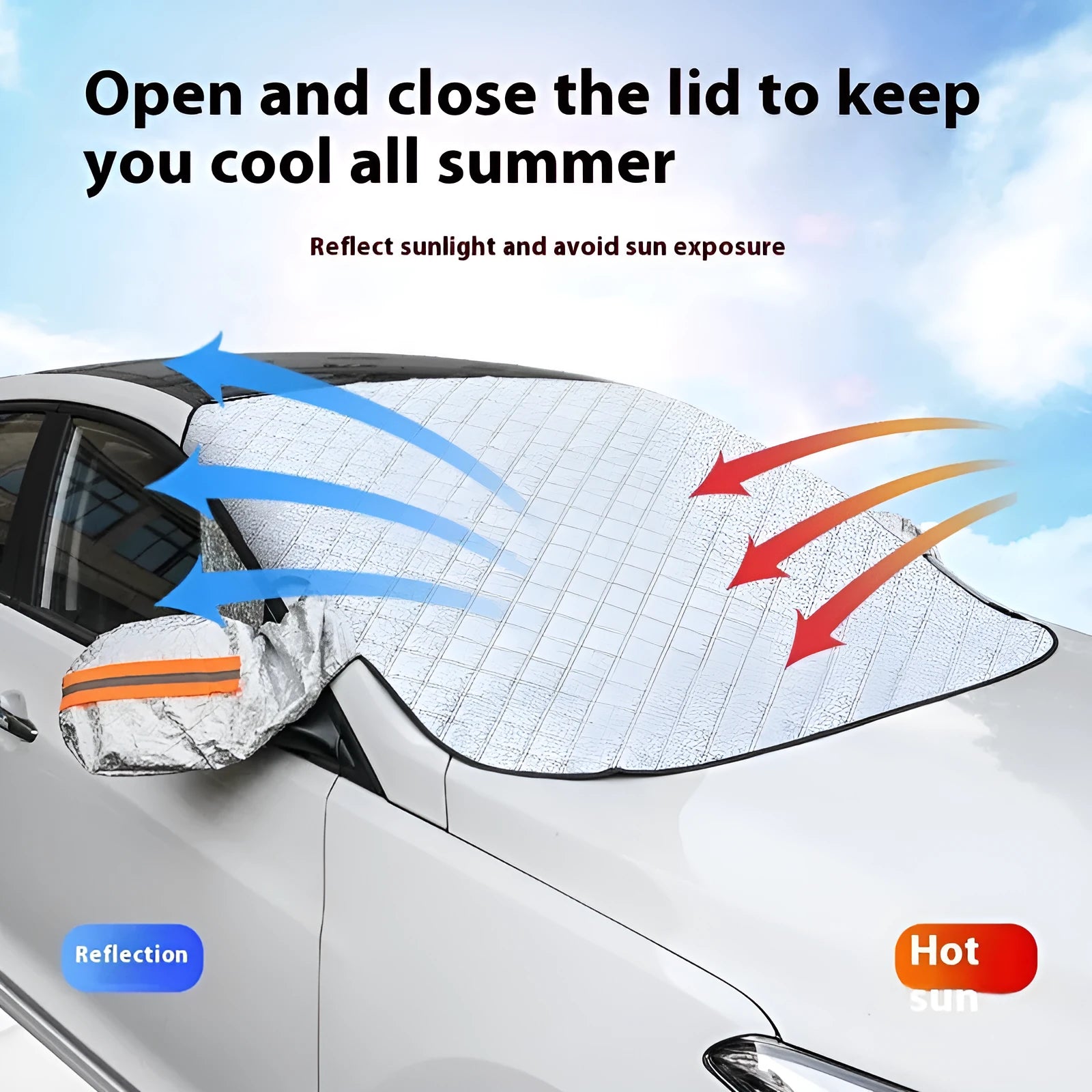 Large aluminium foil car cover with reflective stripes and magnets, shown fitted on an SUV front windshield.