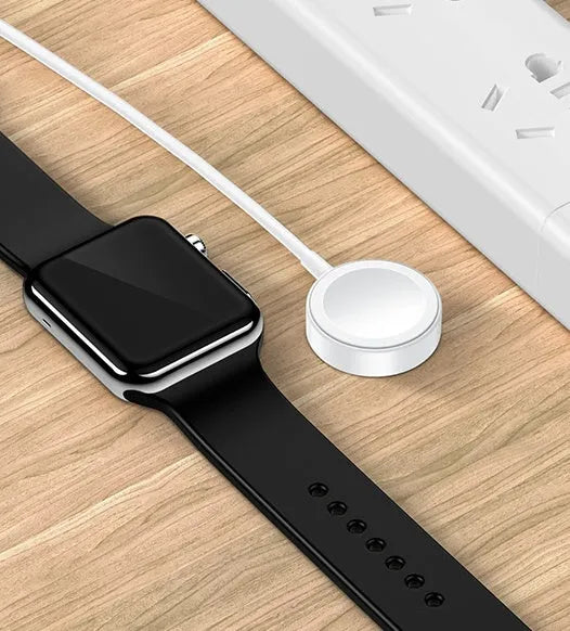 White Apple Watch wireless charger with 1m USB cable, ABS and stainless steel, 2W output, compatible with iPhone models