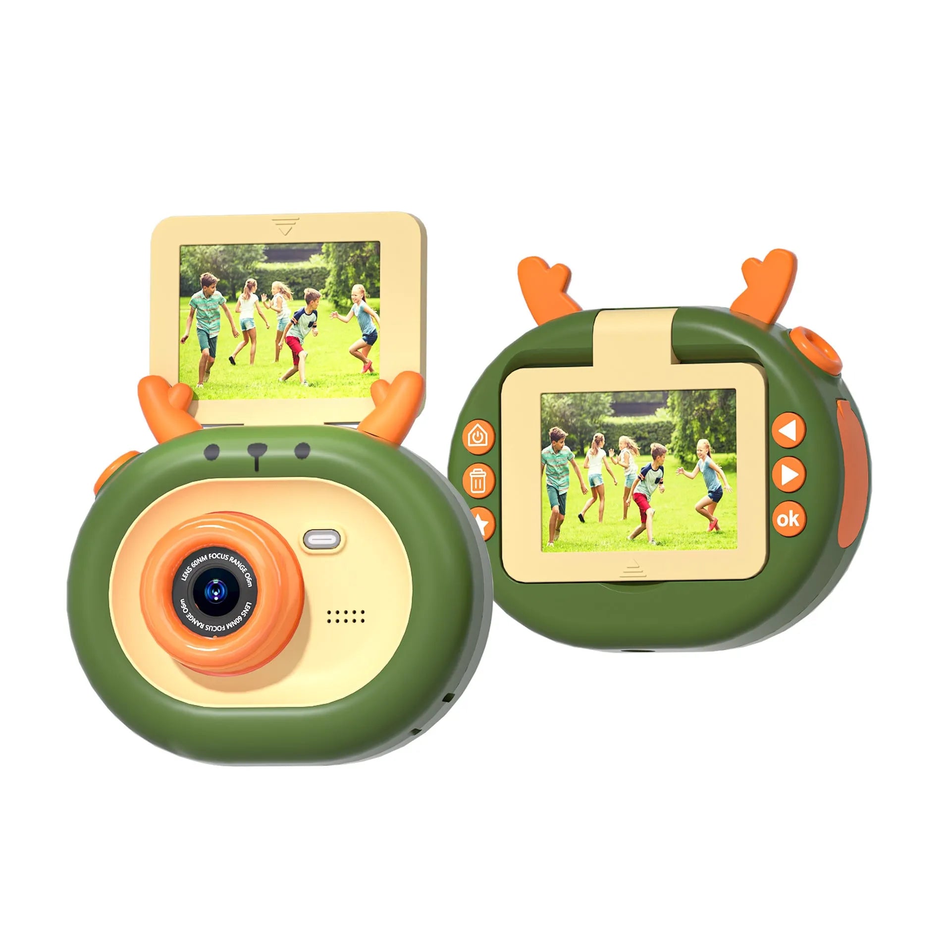 Purple and dark green children's digital camera with flip screen, silicone case, and carry lanyard.
