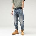 Men's retro blue jeans, loose straight-leg cut, 100% cotton denim, middle waist, nine-pants length.