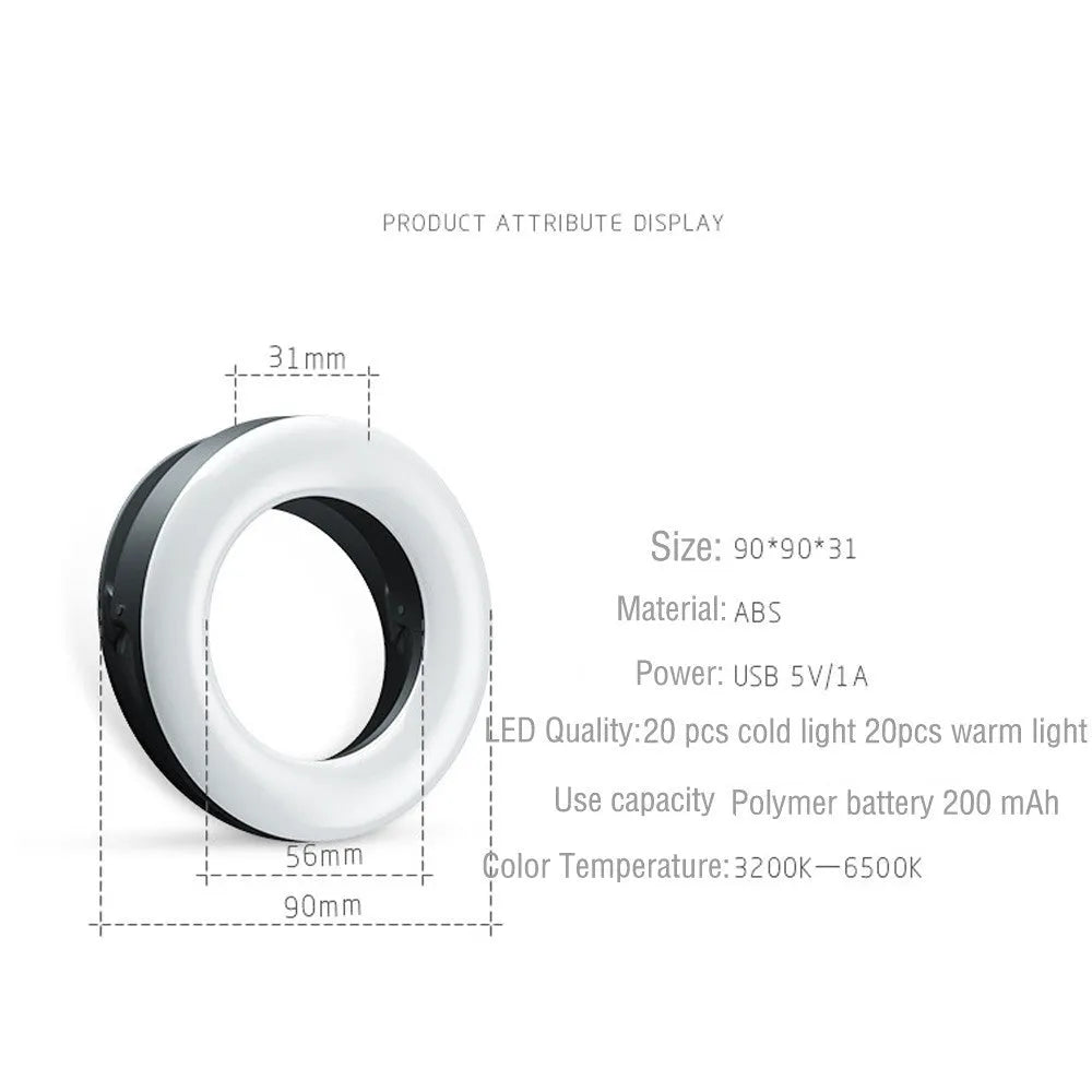 Compact black selfie ring light with USB cable for mobile phone photography and video lighting.