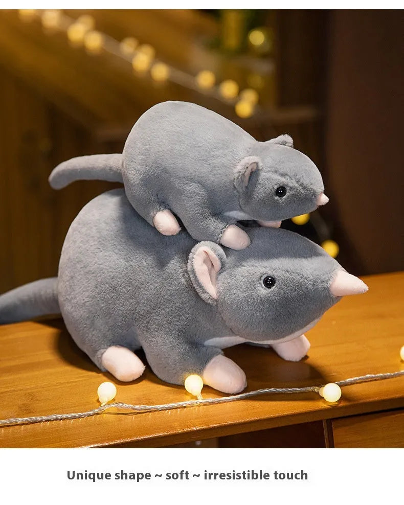 Cartoon mouse plush doll toy in soft fabric with three size options displayed