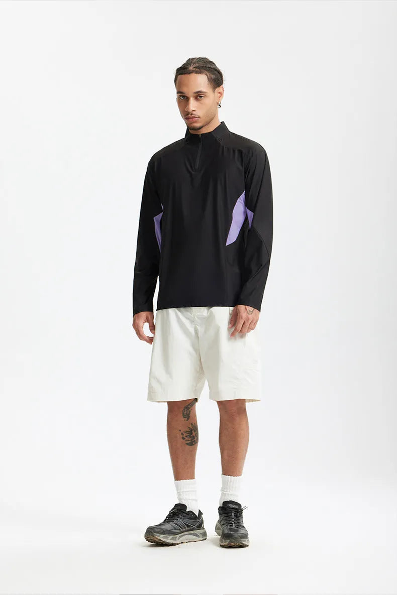 Men's solid colour polyester casual top shown in black and beige, available in long sleeve and short sleeve styles.
