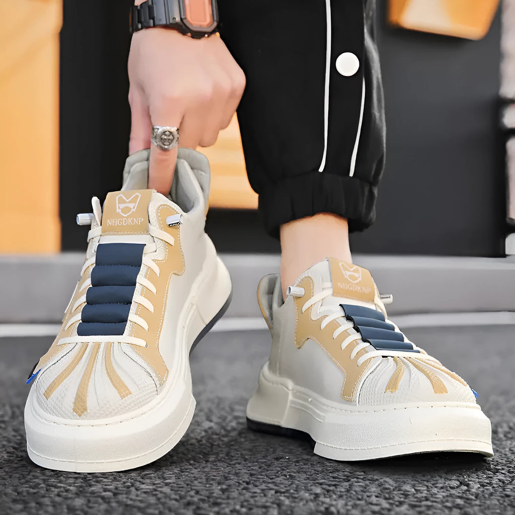 Men's beige and black low-top sneakers with elastic band closure and round toe