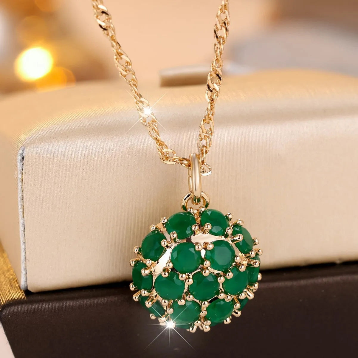 Round emerald diamond necklace with champagne gold electroplated finish on adjustable chain