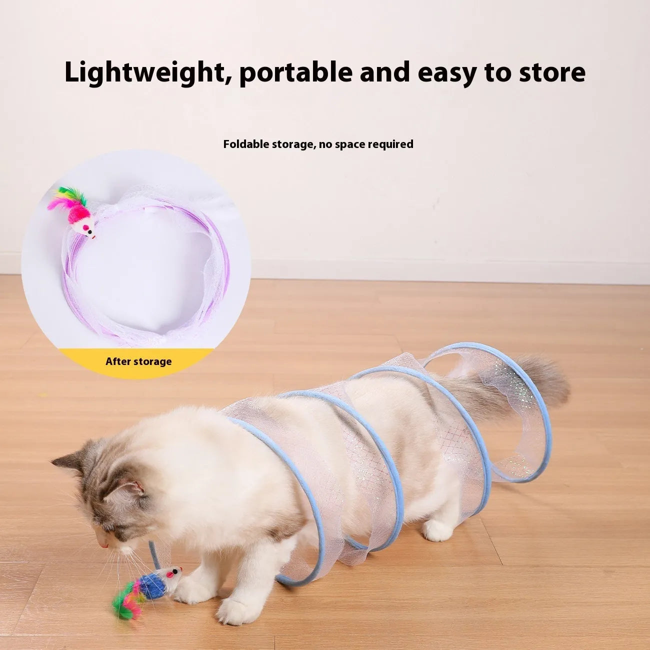 S-type cat tunnel toy with steel wire frame, elastic net covering, and feather attachment for feline play