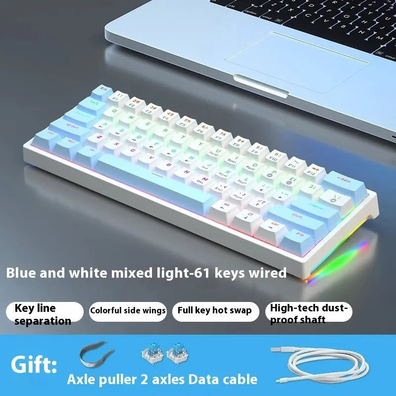 61-key bluish-black and white mechanical keyboard with hot-swap switches on desk